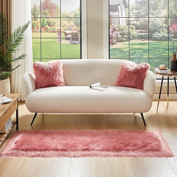 AMTOVO Faux Fur Rug, Blush Pink Ultra Soft Fluffy Shag Sheepskin Rug, 2 x 6 ft Runner Area Rugs for Bedroom Sofa Throw Cushion Room Decor, Rectangle