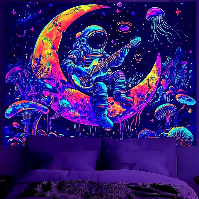 BVBOX Astronaut Space Blacklight Tapestry 79"x59", UV Reactive Astronaut Guitar Moon Universe Galaxy Planet Glow in Dark Music Tapestries, Black Light Neon Upright Poster Wall Hanging Backdrop Decor for Bedroom Living Room