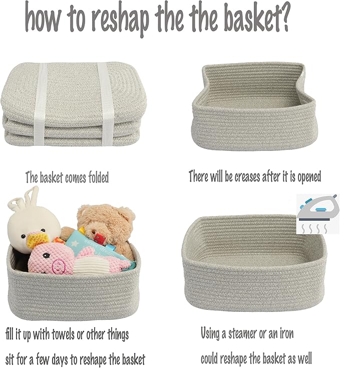 Small Woven Storage Baskets 12“X8”X5“ Decorative Rope Bins for Organizing Shelves, Closets, and Toys, Empty Gift Baskets, Cute Organizer Basket for Home and Office (grey, regular)