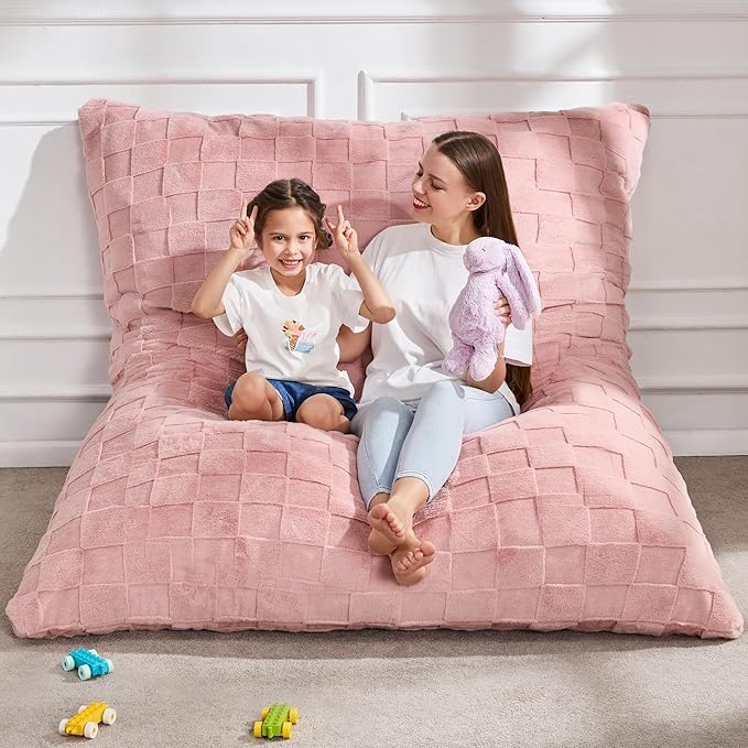Hobestluk 3 in 1 Bean Bag Chair Giant Bean Bag Chairs for Adults with Plaid Cover Convertible Bean Bag Floor Cushion with Machine Washable Cover for Living Room (Plaid Pink)