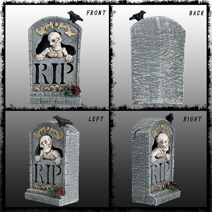 Halloween Decoration Indoor 7.6″ Tombstone Statue with LED Lights Spooky Skull Head Gravestone Skeleton RIP Lighting Changes Halloween Village for Table Shelf Home Party Outdoor Decor Gifts