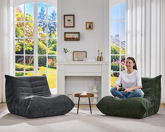 Bean Bag Chairs for Adults Giant Bean Bag Chair Memory Foam BeanBag Chair Big Bean Bag Sofa with Filler Faux Fur Fireside Beanbags Lazy Sofa for Living Room Bedroom Dorm Office (Green Chenille)