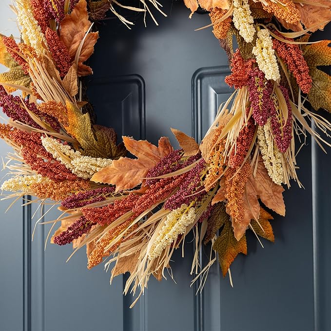 Glitzhome 24" D Fall Sorghum Wreath with Metal Hanger, Harvest Wreath for Front Door, Fall Door Wreaths for Indoor Outdoor Thanksgiving Harvest Holiday Decorations