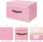 ANMINY Storage Bin with Lid Storage Boxes with PU Leather Handles PP Plastic Board Decorative Foldable Lidded Cotton Linen Fabric Home Cubes Baskets Closet Organizer Container - Pink, Large Size