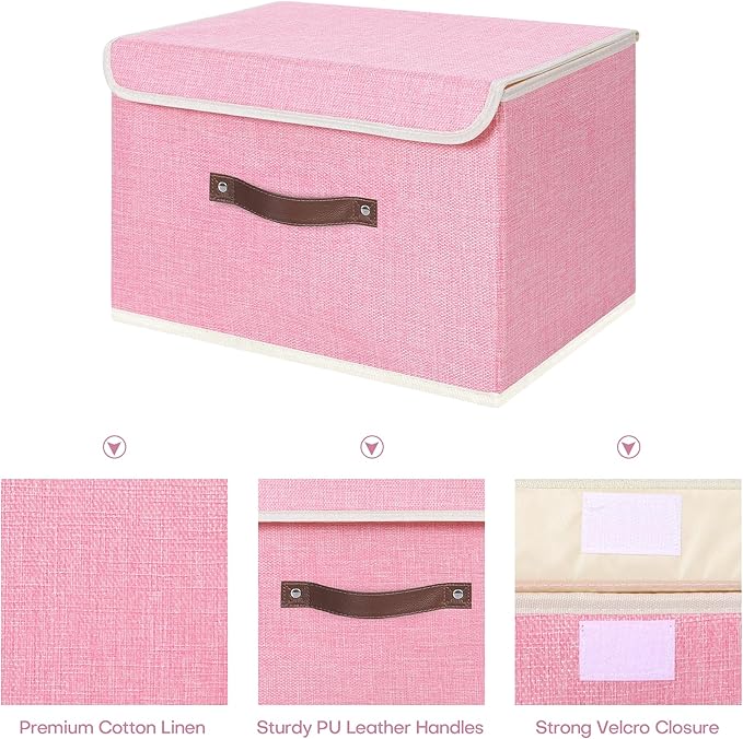 ANMINY Storage Bin with Lid Storage Boxes with PU Leather Handles PP Plastic Board Decorative Foldable Lidded Cotton Linen Fabric Home Cubes Baskets Closet Organizer Container - Pink, Large Size