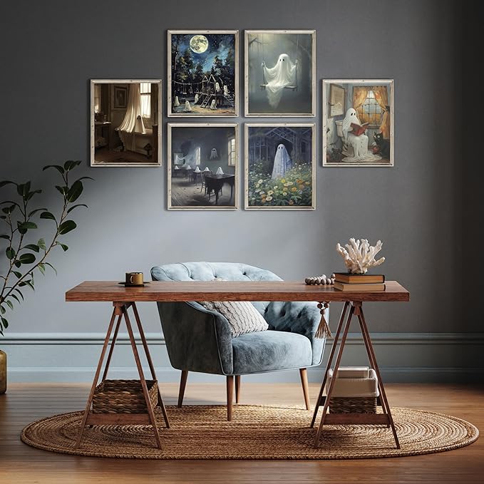 LANCHI95 6 Pcs 8x10in Halloween Wall Art Prints, Vintage Posters, Cute Ghost Pictures for Bedroom Decor (UNFRAMED)