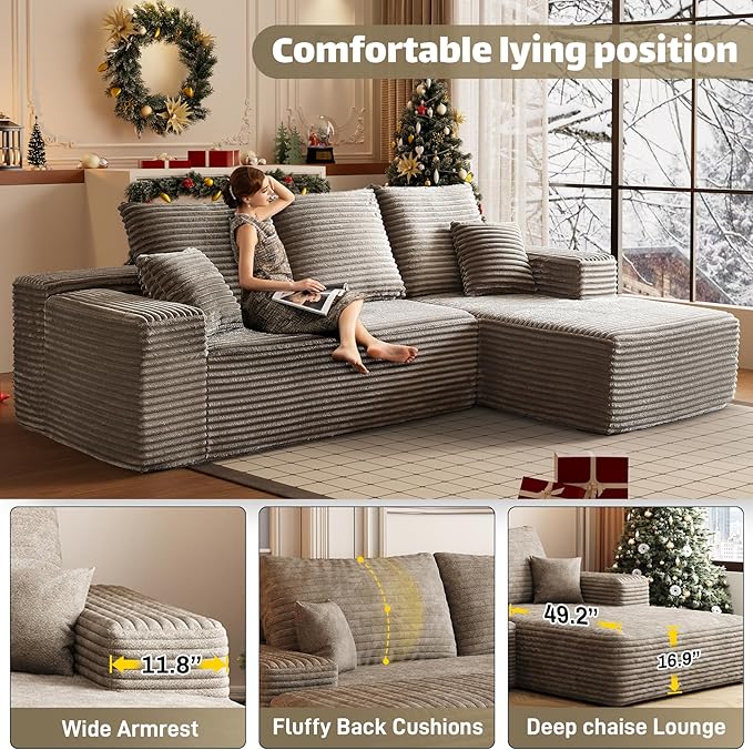 HYJT H&K Modular Sectional Sofa Cloud Couch, 107" Comfy L Shaped Sectional Couches for Living Room, Deep Seat Memory Foam Plush Fluffy Corduroy Boneless Couch Sectionals Right Facing Sofa Chaise Brown