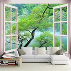FENDROM Misty Lake Forest Tapestry Wall Hanging Nature Green Tree Landscape Window View Tapestries for Bedroom Living Room Dorm Decor