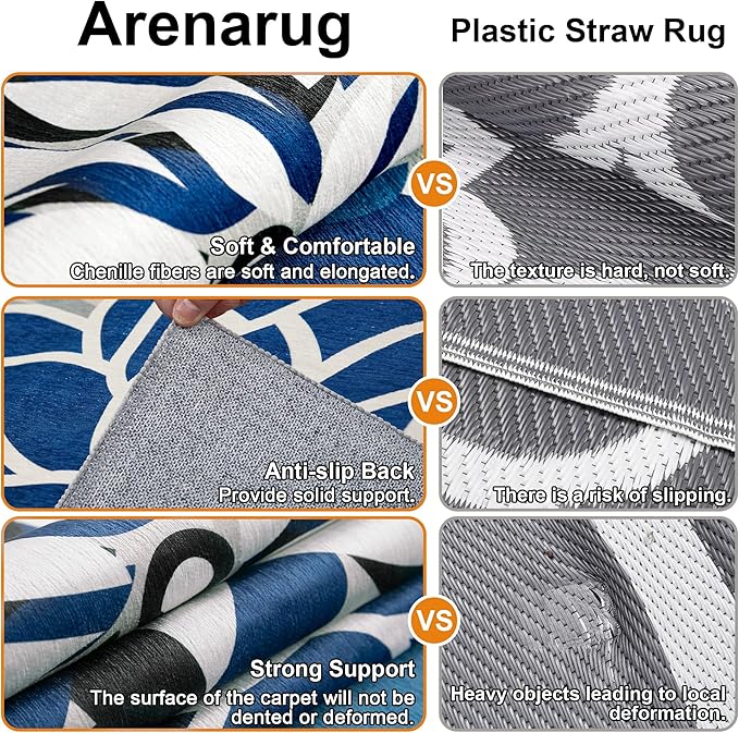 Indoor Outdoor Area Rug Washable Multicolored Patio Rug Tropical Botanical Modern Floral Indoor Outdoor Carpet Blue White Rug Non Slip for Patio, Deck, Backyard, Porch (6x9)