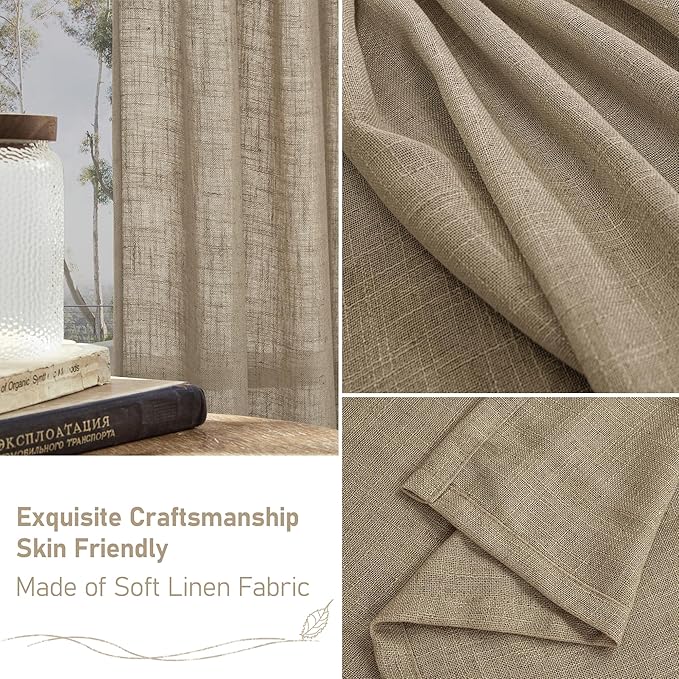 LAMIT Taupe Linen Sheer Curtains 54 Inches Long, Light Filtering Panels Bronze Grommet Country Decor Drapes for Bathroom/Window/Bedroom, 2 Panels Set, 52 x 54 Inch