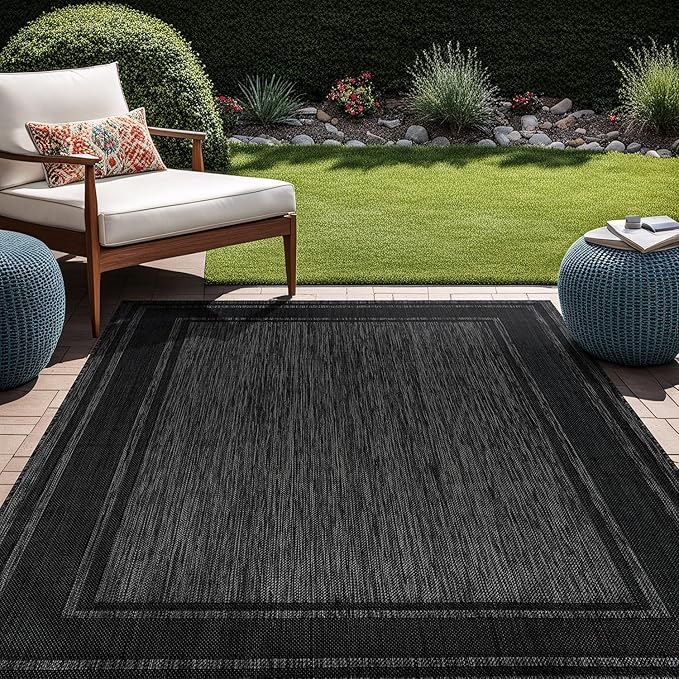 Beverly Rug Large Outdoor Rug 9x12 Modern Bordered Area Rugs for Indoor and Outdoor Patio Deck Porch Garden Waterproof Weather Sun Resistant Washable Outside Carpet (9 x 12 Black)