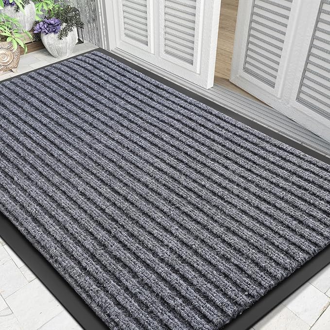 Yimobra Front Door Mat Outdoor Indoor Entrance, 100% Waterproof All-Season All Weather Doormat, Welcome Matt Outside Entry, Non Slip, Low Profile, Heavy Duty Patio Porch Floor Mats,47 x 32,Gray White