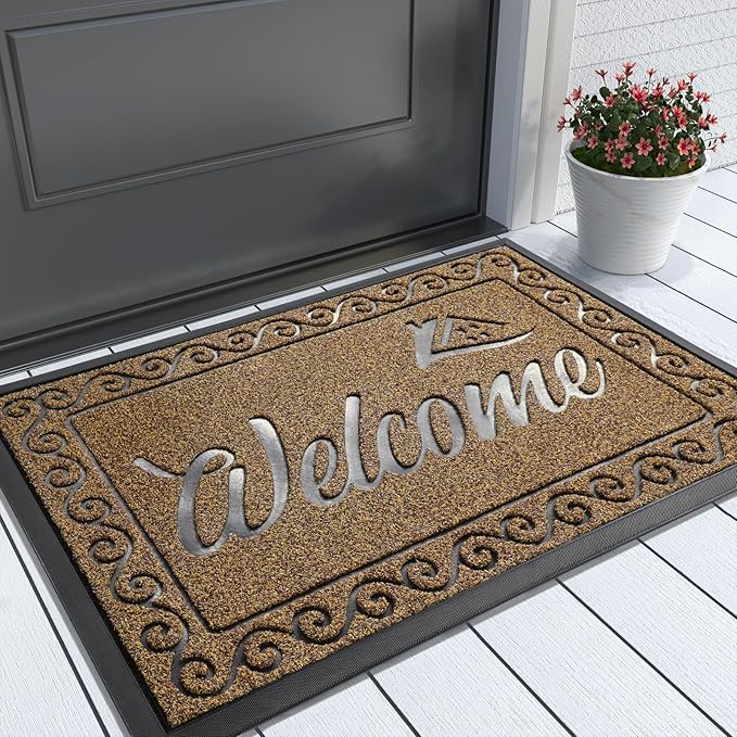 Yimobra Welcome Front Door Mat, Heavy Duty Easy Clean Doormat Indoor Outdoor, Waterproof Quick Dry Floor Mat for Home, Garage, Hign Traffic Areas, Non Slip, Low Profile, 29.5X17 Inches, Beige Brown