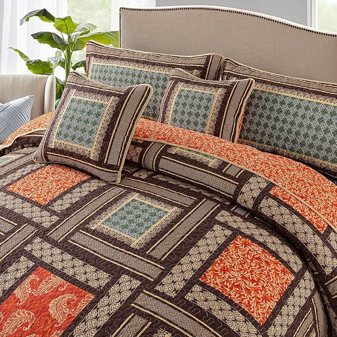 NEWLAKE Cotton Patchwork Bedspread, 3-Piece Bedding Quilt Set with Real Stitched Embroidery, Reversible Matelasse Bed Coverlet Set,Bohemian Farmhouse,Queen Size