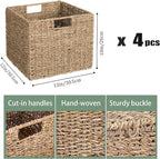 12x12x10in Seagrass Storage Baskets Set of 4, Large Wicker Storage Basket, Decorative Seagrass Shelf Basket, Pantry Baskets Organization,Folding Storage Cube Bins