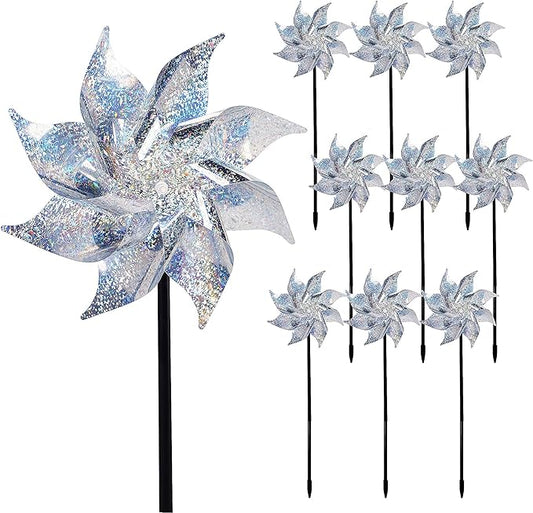 Hausse 10 Pack Reflective Pinwheels with Stakes (Assembly Required), Extra Sparkly Pin Wheel for Garden Decor, Bird Repellent Devices Deterrent to Scare Birds Away from Yard Patio Farm