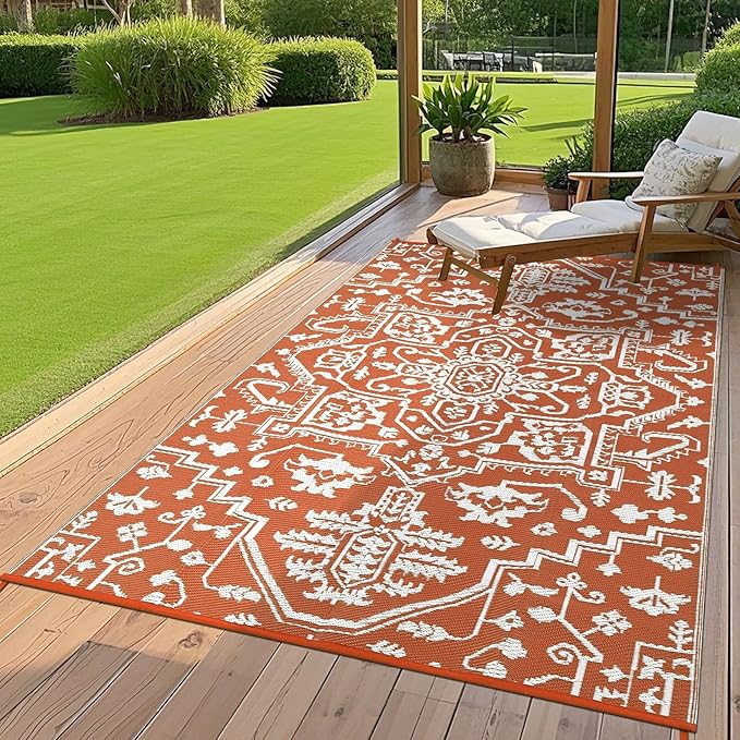 Waterproof Outdoor Rug 9x18 Reversible Plastic Straw Patio Rug, Stain-Resistant Vintage Medallion Carpet, Large Indoor Outdoor RV Mat for Deck, Camping, Balcony, Vintage Terracotta Brick/White