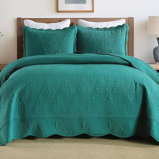 MarCielo 3-Piece Christmas Quilt 100% Cotton Oversized Bedspread Lightweight Coverlet Embroidery Christmas Tree Pattern Bedding Set(TC Emerald, Oversized King (118"x106"))