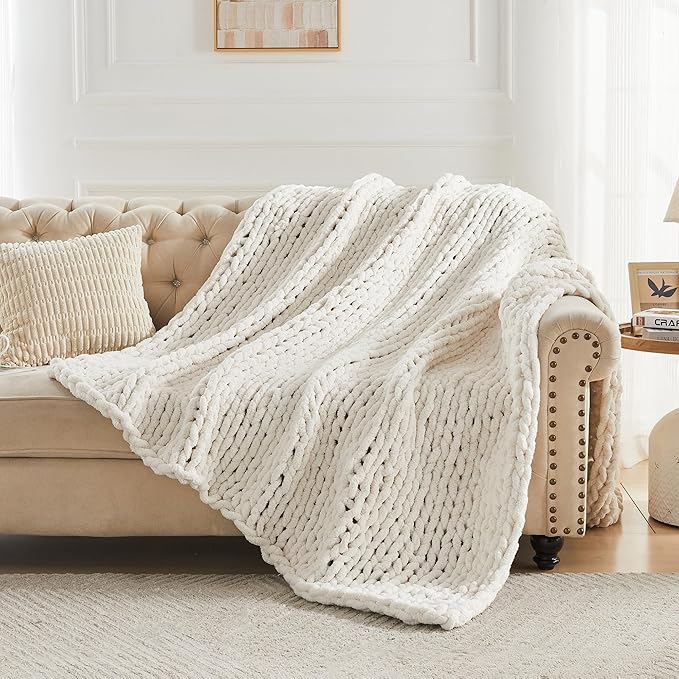 Carriediosa Chunky Knit Throw Blanket 50" X 60", 100% Hand Made Large Chenille Loop Yarn Soft Fluffy Throws for Couch Sofa Bed, Big Crochet Cozy Heavy Thick Cable Woven Blankets, Cream White