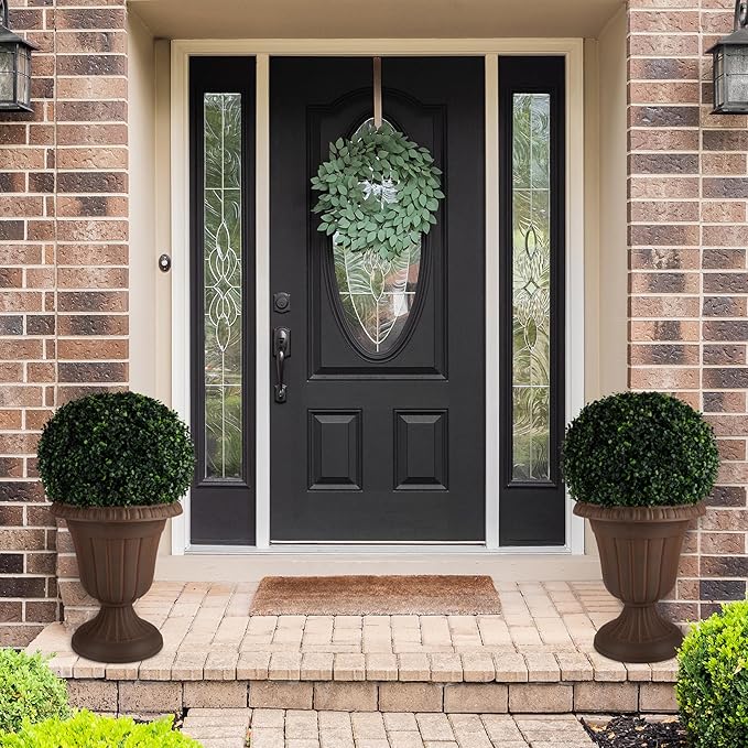 Pure Garden Outdoor Planter 2-Pack - 16x18-Inch Urn Planters - Plastic Plant Pots for Indoor, Outdoor, or Front Porch Decor - Flower Pots (Brown)