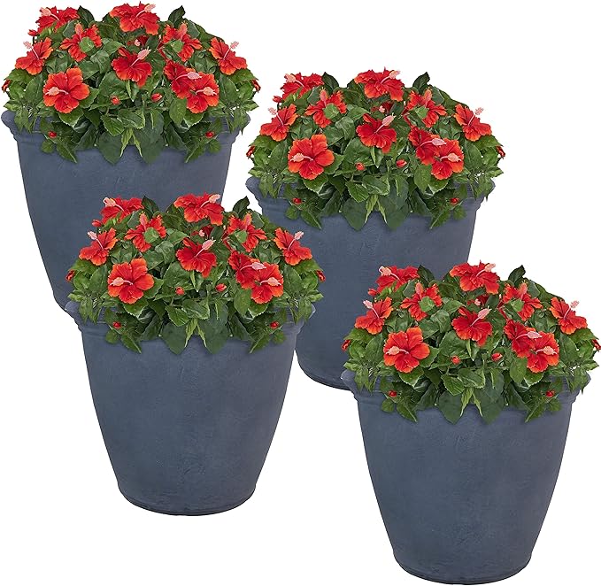 Sunnydaze 20-Inch Anjelica Large Plastic Pot for Plants - Outdoor Polyresin Round Planter with Drillable Drainage Holes - Slate - 4pk