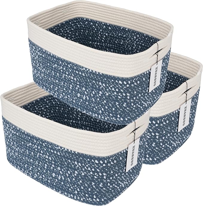 White and Blue Cotton Rope storage Basket Bins Woven Basket for Organizing Shelves 14.5X9.5X9.3“ Rectangle Decorative Baskets For storage Books Towels Wicker Nursery basket organizer Set of 3
