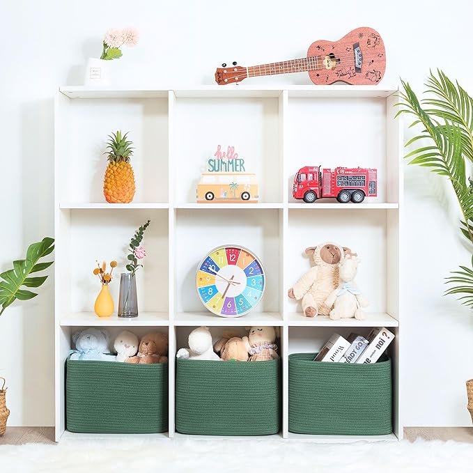 MINTWOOD Design 3-Pack Decorative Woven Storage Baskets for Shelves, Cube Bin Box for Organizing Books, Shoes, Dog Toys, Pantry Closet and Living Room Organizer, Forest Green