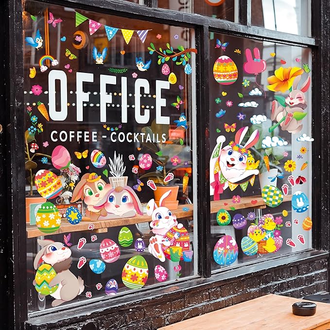 Large Easter Window Clings - Bunny Window Stickers Decals for Glass Windows, Cute Easter Egg Double Sided Reusable Window Holiday Decorations, Bird Office Spring Patry Decor, 9Sheet/121PCS