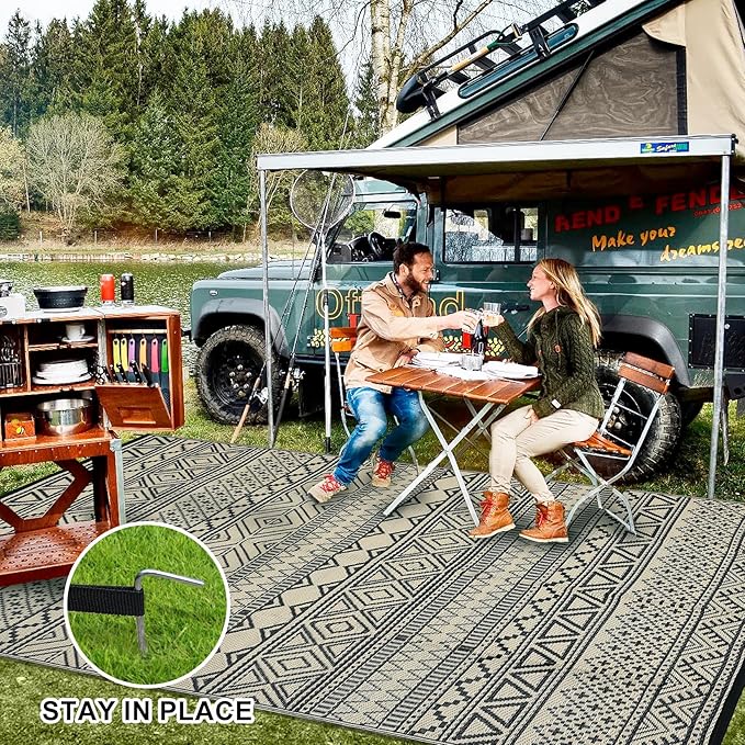 GAOMON Outdoor Rugs Patio Camping Waterproof Rug 6'x9' Plastic Straw Patio Rug Portable for Campers, Outside RVs Mat for Patios Clearance, Backyard Porch, Balcony, Black/Coffee(Bohemia)