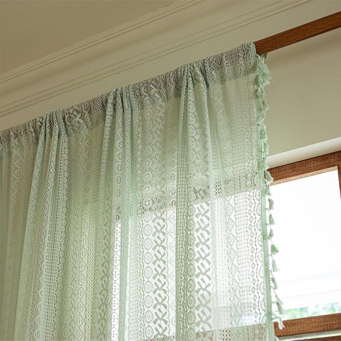 Sutuo Home Boho Curtains for Bedroom Dining Room, Bohemian Crochet Lace Hollow Knitted Handmade Tassels Vintage Rustic Window Treatment Farmhouse Drapes, 1 Panel Rod Pocket 59" W x 96" L, Mint Green