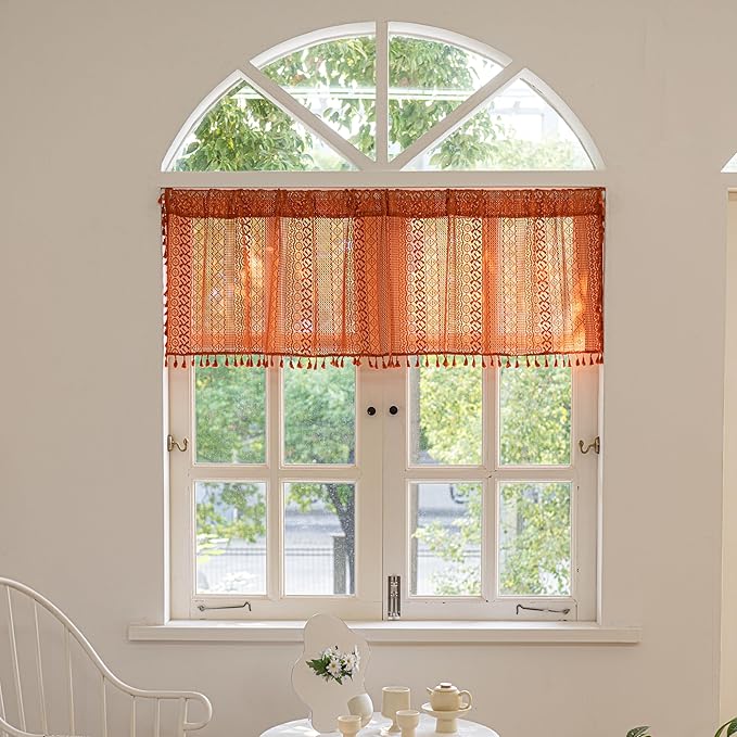 Sutuo Home Terracotta Boho Curtains Crochet Sheer Bohemian Hollow Knitted with Tassels, Valance Short Tier Privacy Vintage Rustic Farmhouse Drapes for Kitchen, Rod Pocket 1 Panel 59" W x 24" L, Orange