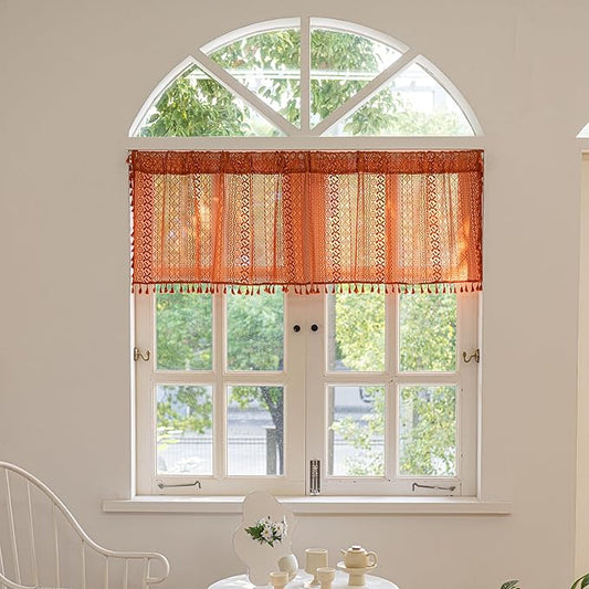Sutuo Home Terracotta Boho Curtains Crochet Sheer Bohemian Hollow Knitted with Tassels, Valance Short Tier Privacy Vintage Rustic Farmhouse Drapes for Kitchen, Rod Pocket 1 Panel 59" W x 24" L, Orange