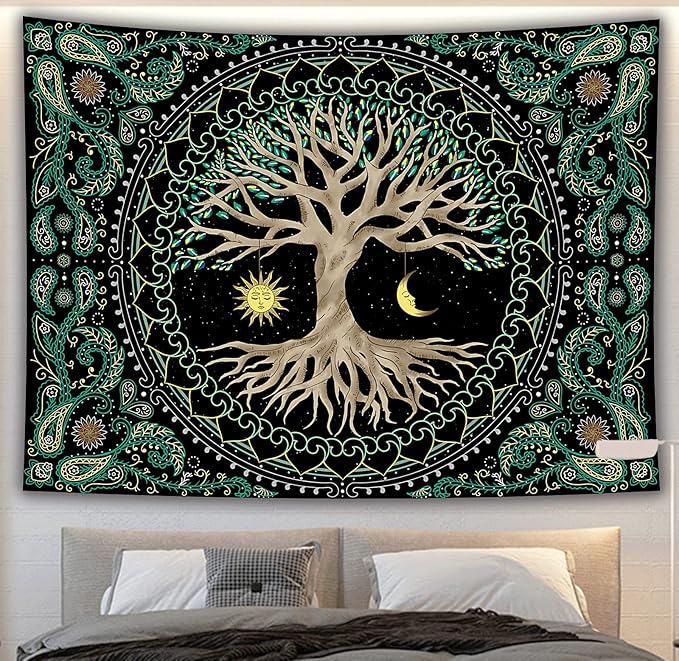 FORATER Tree of Life Wall Hanging - Aesthetic Sun and Moon Tapestry with Vintage Paisley Flowers (53 x 61 inches, Multicolor) for Bedroom, Living Room, Dorm