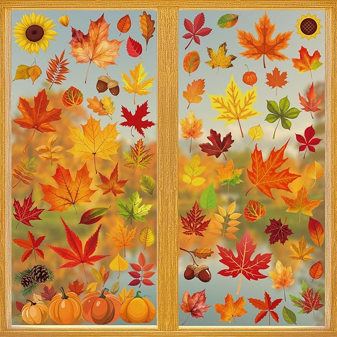 9 Sheets Fall Decorations, 274 PCS Fall Window Clings, Double Sided Autumn Stickers with Maple Leaves Pumpkin Nuts, Autumn Window Clings for Party Thanksgiving Decor Indoor Outdoor Accessories