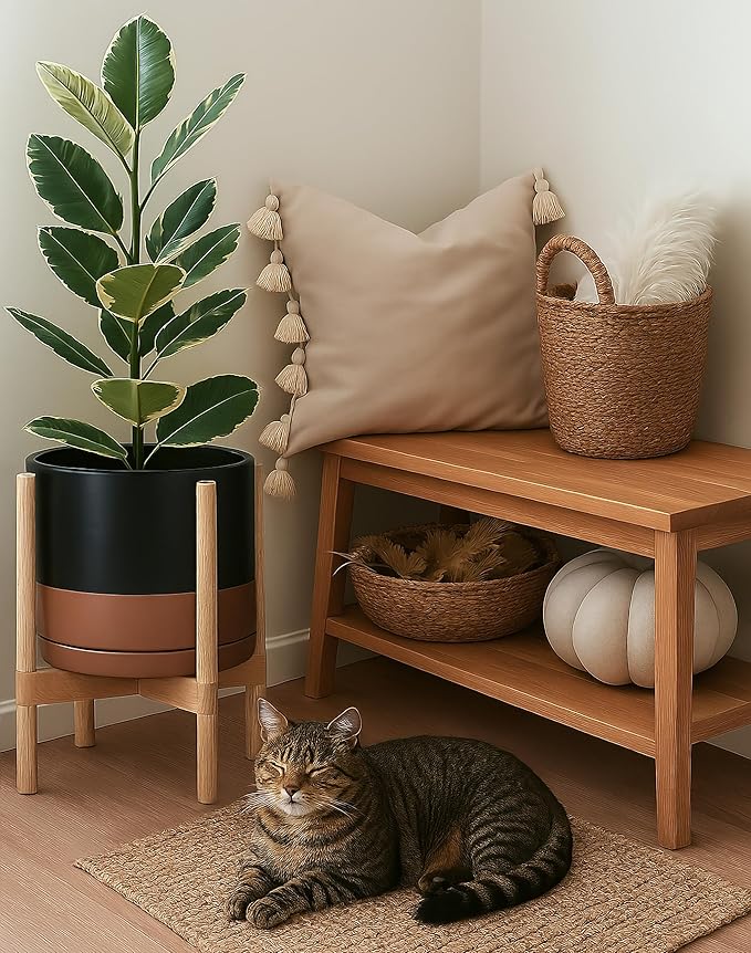 D'vine Dev Ceramic Planter with Natural Stand - 12 Inch Modern Round Flower Pot with Wood Planter Holder, Black/Speckled Tan, 55-B-J-7