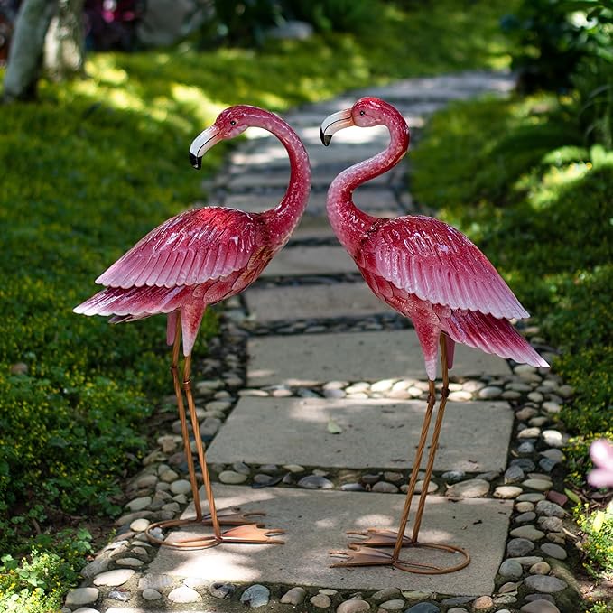 Kircust Flamingo Garden Sculpture & Statues, Metal Birds Yard Art Outdoor Statue, Large Pink Flamingo Lawn Ornaments for Home, Patio, Backyard Decor (2-Pack)