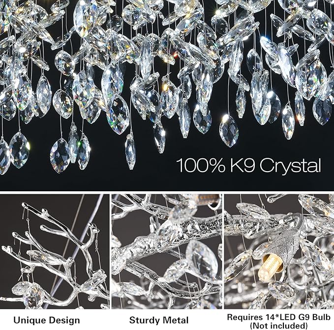 Modern Crystal Chandeliers for Dining Room, 40" Round Silver Tree Branches Chandeliers, Large Dining Room Over Table Chandeliers Lights Fixture, Branches and Crystals Ceiling Light Fixtures