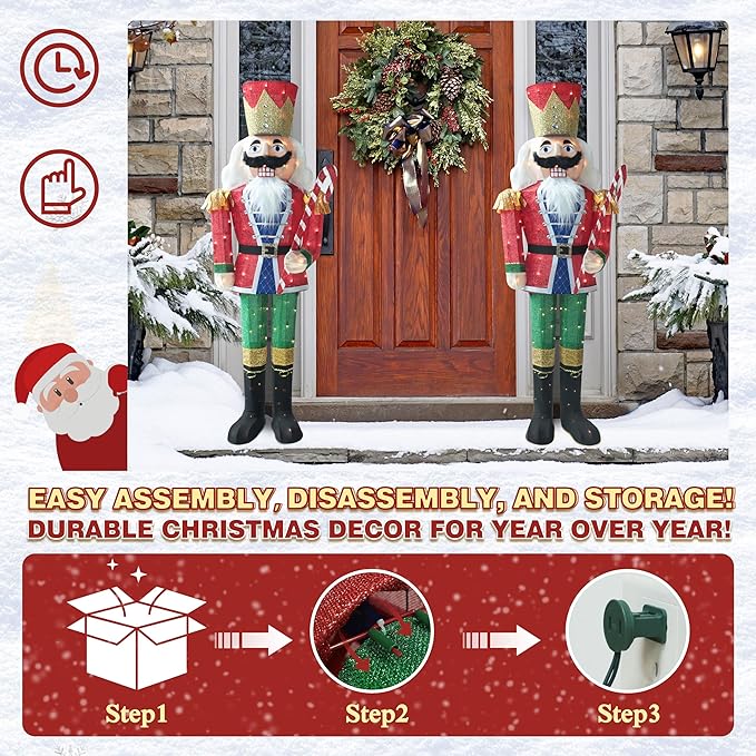 5FT Lighted Nutcracker with Candy Cane for Christmas Decoration, 3D Pre-Lit Iridescent Soldier Xmas Decor with 100 Warm White Lights, Glittered Standing Holiday Display for Outdoor, Indoor