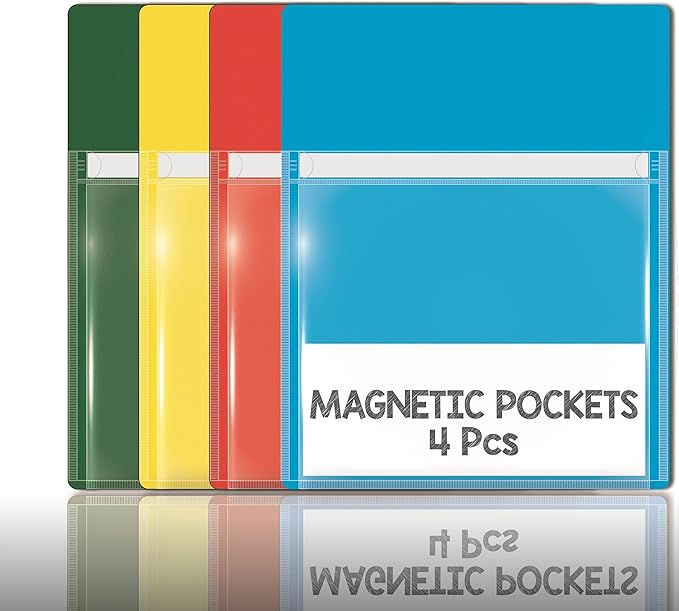 Magnetic Pocket 4 Pack – Self-Adhesive Magnetic Storage Pouch for Documents, Notes & Tools, Strong Magnet Backing for Fridge, Whiteboards, and Metal Surfaces (Assorted Colors 4Pcs)