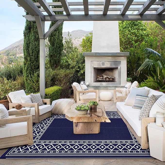 GENIMO Outdoor Rug Waterproof for Patio Decor, 8'x10' Foldable Reversible Plastic Straw Carpet for Travel Trailers, Outside Area Mat for Rv, Deck, Picnic, Porch, Camper, Balcony, Beach, Blue & White