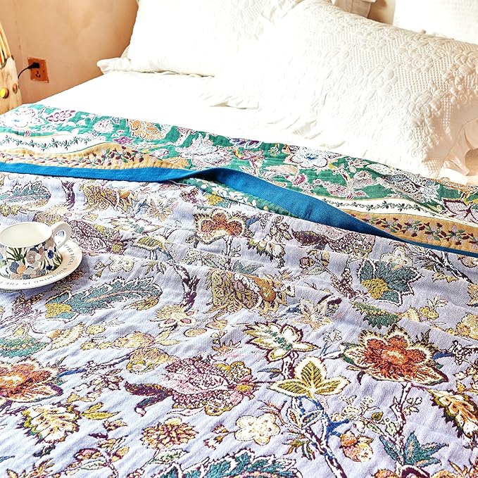 Boho Throw Blanket 91" x 98", 100% Organic Cotton Breathable Ultra Soft Bed Purple Quilt Throw - All Season Luxury Floral Farmhouse Decor Blanket for Sofa Couch Chair and Gift.