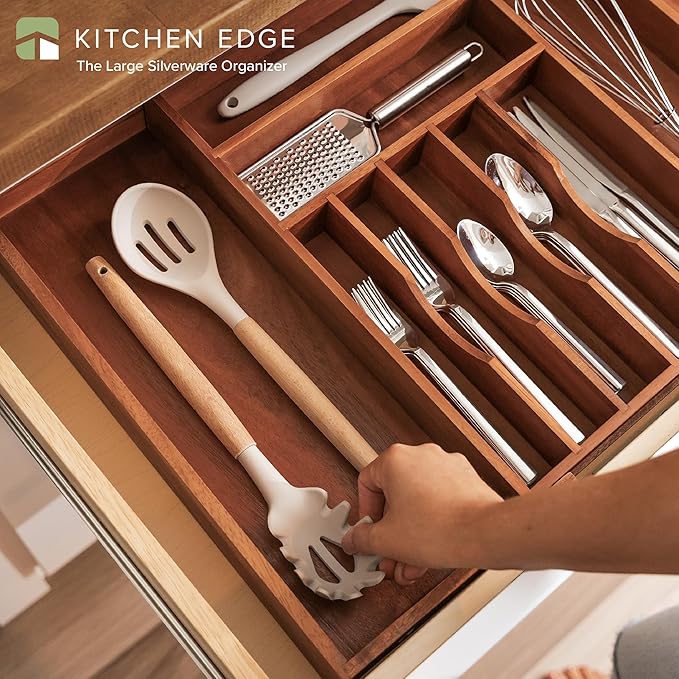 Premium Silverware, Flatware and Utensil Organizer for Kitchen Drawers, Food-Safe Contract Grade, Expandable from 16 to 28 In, Natural Acacia