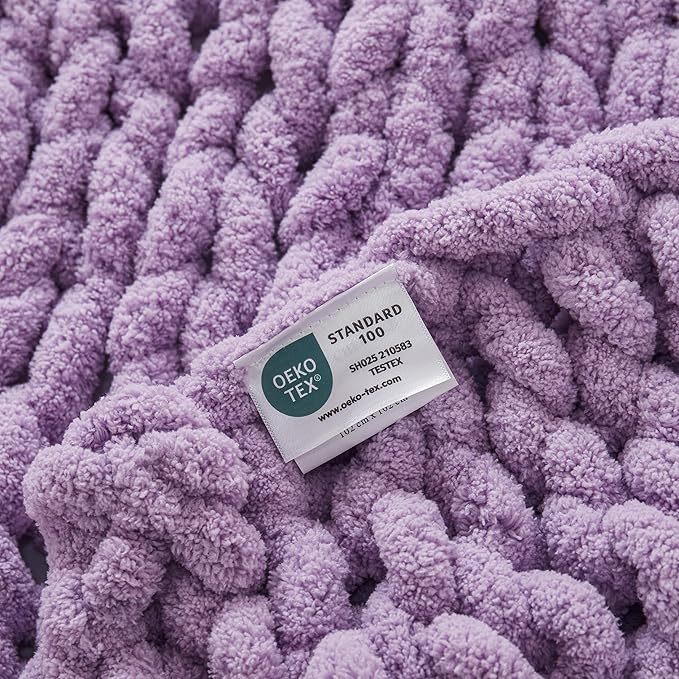 WESHIONGOO Chunky Knit Blanket Throw 40"*40" Knitted Throw Blankets for Couch Bed Fluffy Soft Blanket with Jumbo Chenille Yarn Thick 100% Handmade(Lilca)