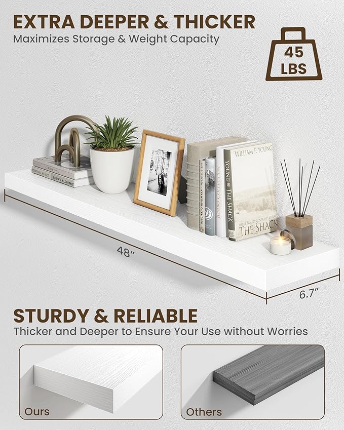 Marsmiles 48" Floating Shelves for Wall, Wooden Shelves with Invisible Brackets Set of 2, Rustic Farmhouse Wall Mounted Shelf for Kitchen Bathroom Living Room Study, White