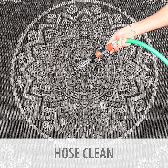 CAMILSON Outdoor Rug 6x9 Modern Area Rugs for Indoor and Outdoor Patios and Porches - Waterproof Washable Non-Shedding Easy-to-Clean Outside Carpet (6 x 9, Medallion - Dark Grey/Light Grey)