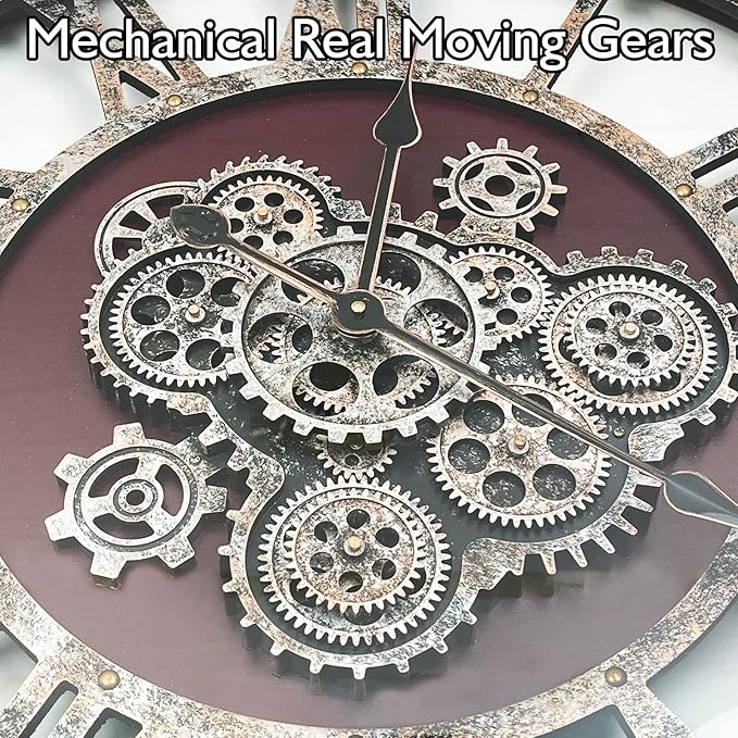 DORBOKER 30" Original Moving Gears Wall Clock, Large Industrial Wall Clock for Living Room Decor, Retro Wood Vintage Farmhouse Steampunk Rustic Clocks for Wall Decor,Cherry Red