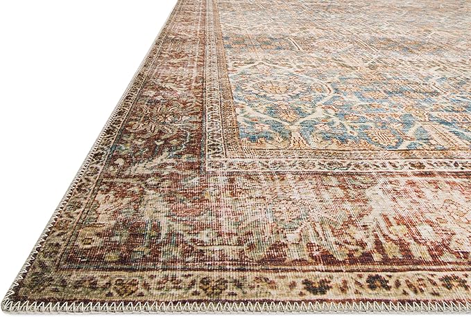 Loloi Layla Collection LAY-04 Ocean/Rust 2'-6" x 12'-0" .13" Thick Runner Rug, Soft, Durable, Vintage Inspired, Distressed, Low Pile, Non-Shedding, Easy Clean, Printed, Living Room Rug