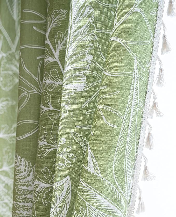 Sutuo Home Boho Curtain 84 Inches Length for Bedroom, Printed Cotton Linen Rod Pocket Rustic Farmhouse Bohemian Tassels Window Treatment, 1 Panel 59" W x 84" L, Green Tropical Leaves