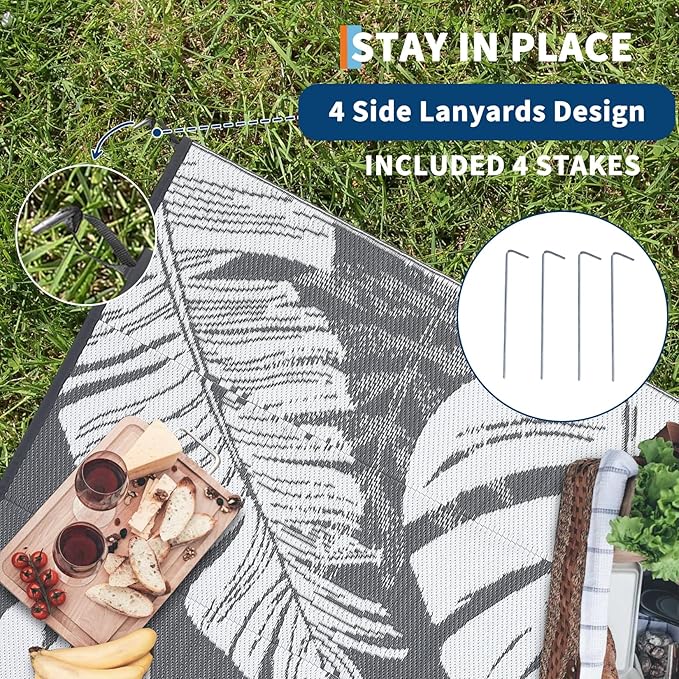 GAOMON Outdoor Rug 9x18 Waterproof Patio Rugs Reversible Outdoor Plastic Straw Rug Camping Mat, Foldable Portable RV Picnic Carpet with Bag & 4 Stakes, UV Resistant Carpet for Deck Balcony, Grey