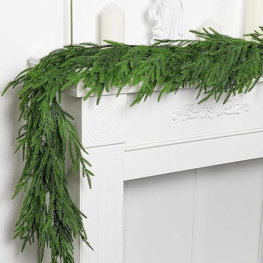 Watayo 2 Pcs Christmas Norfolk Pine Garland, 6 Ft Dense Real Touch Pine Garland Ornament, Realistic Artificial Pines Greenery Garlands for Mantle, Table, Fireplace, Indoor, Outdoor Xmas Decoration